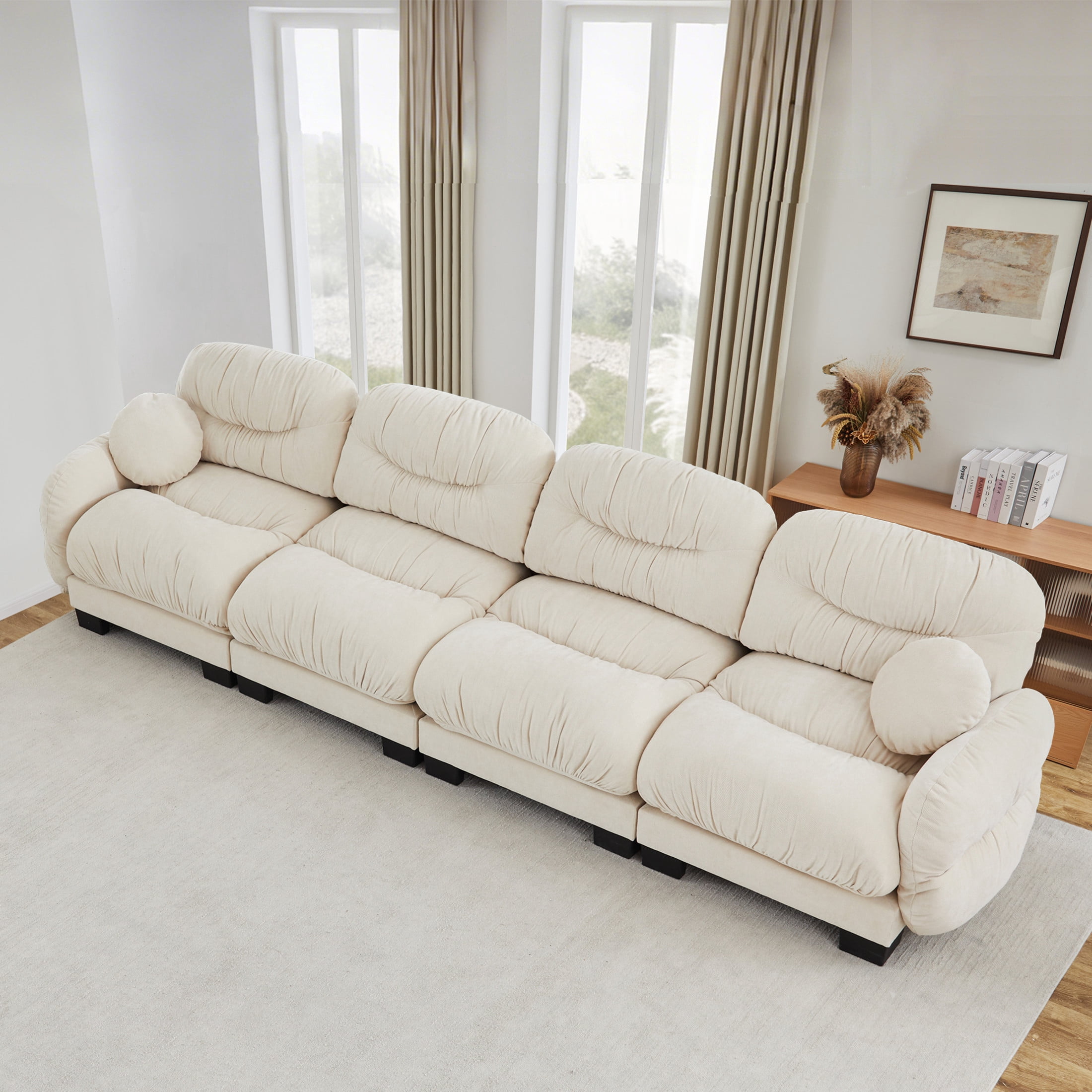 Noble House Corlan Pleated Chenille 4-Seater Sectional Sofa, Modular Deep Seat Couch with Throw Pillows, Beige