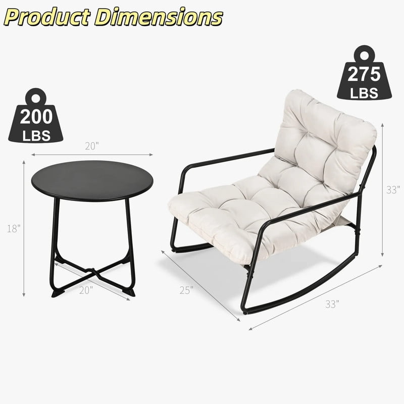 3-Piece Indoor & Outdoor Universal Rocking Chairs Set of 2 with 1 Side Table, Glider Rocking Recliner Chair with Cushion