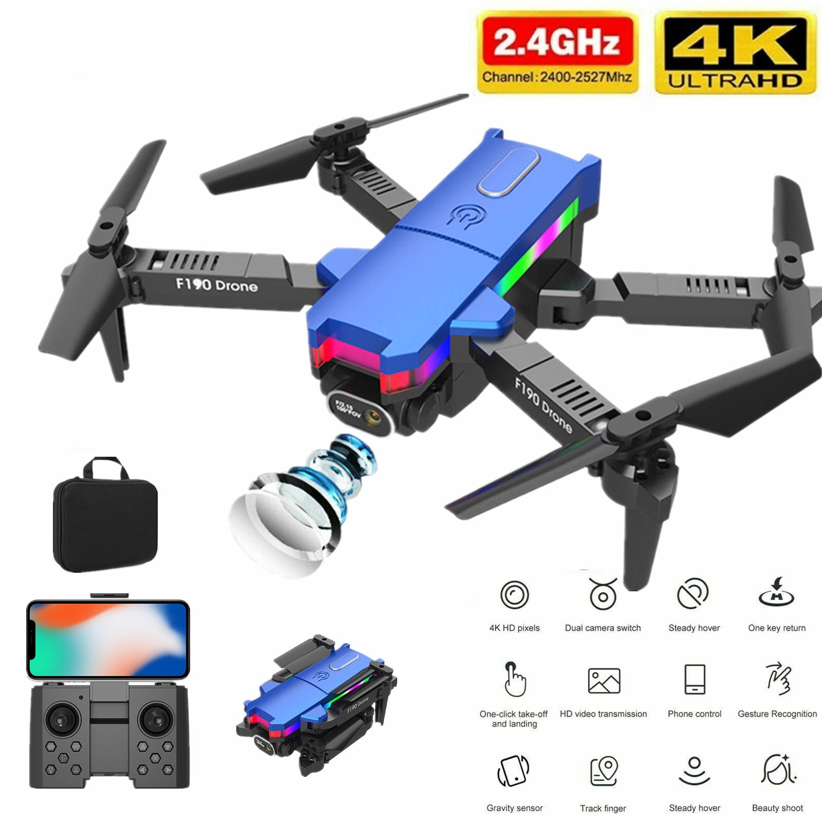 NEW F190 Mini RC Drone FPV Wifi Wide-angle 4K HD Dual Camera Selfie  Foldable With Colorful Light