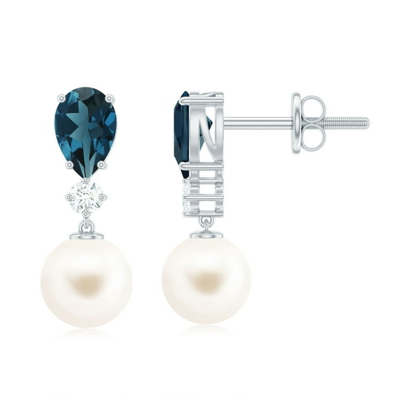 Rosec Jewels London Blue Topaz and Freshwater Pearl Drop Earrings with Moissanite - AAA Grade, 925 Sterling Silver