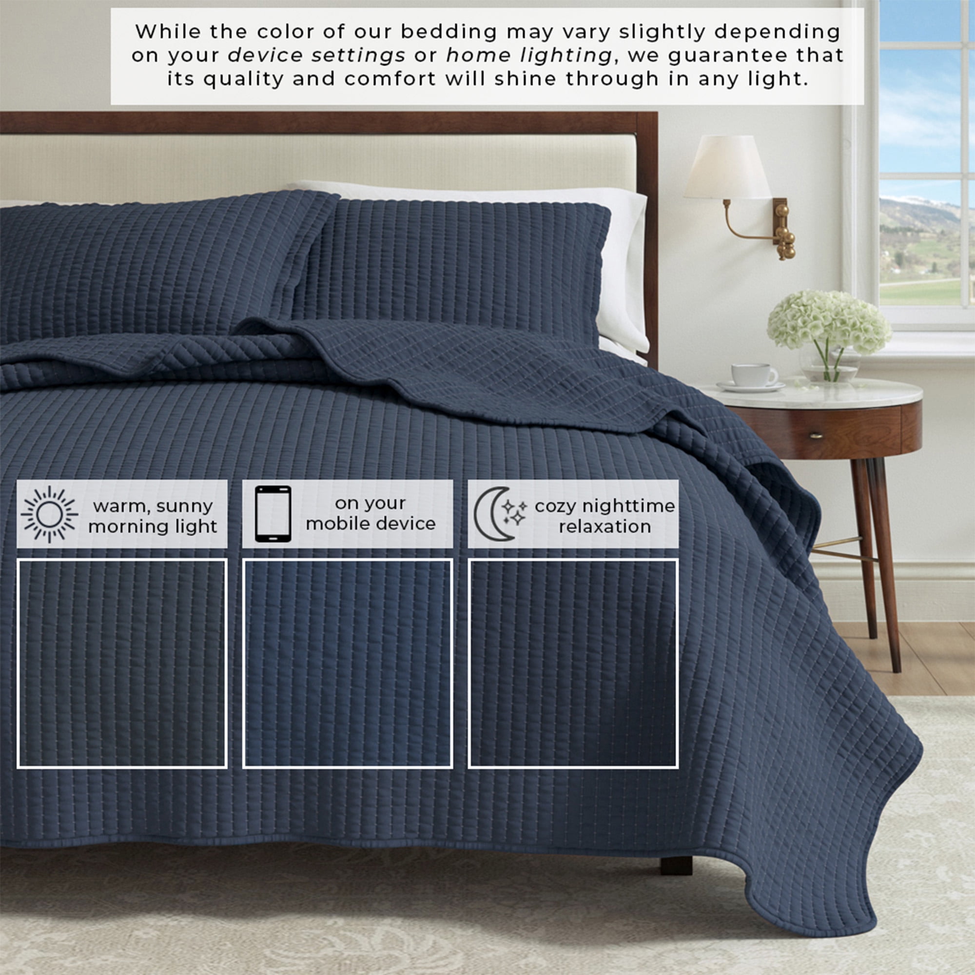 Solid Quilt Set - Lightweight, Soft, All-Season - 3-Piece Reversible Channel Stitched Bedding Set (Full / Queen, Navy)