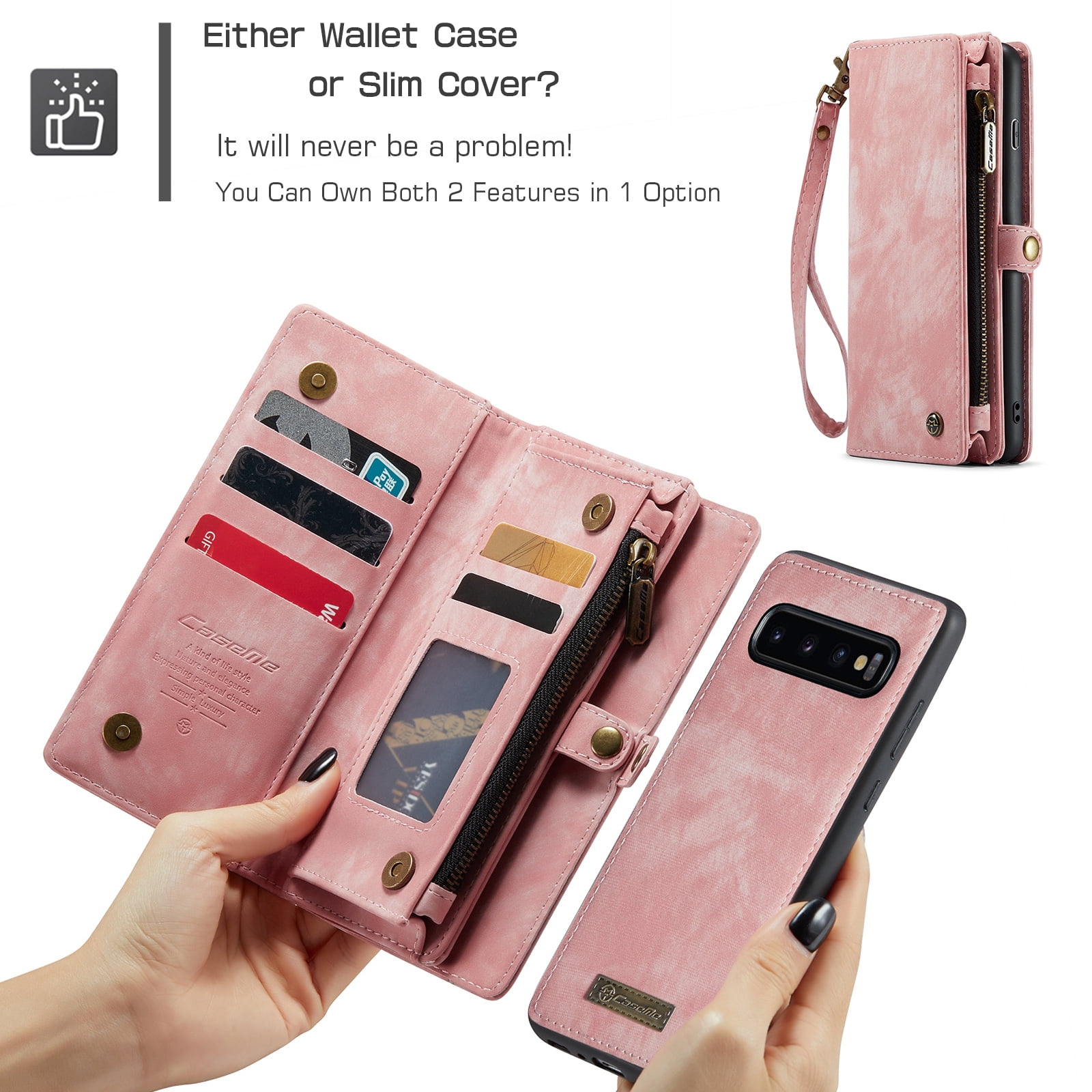 For Samsung Galaxy S10 Wallet Case,Multi-Functional Retro Leather Purse Flip Cover Zipper Wallet Case with Removable Card Slots Pocket & Detachable Wrist Strap Magnetic Phone Case, Pink