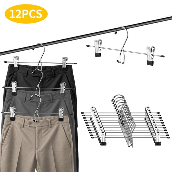 RYLZX 12 Pcs College Dorm Room Supplies Decor Skirt Pants Hangers with Clips Heavy Duty Clip Space Saving Stackable Add on Metal Organization and Storage for Jeans Towels Skirt Trousers Ties Socks