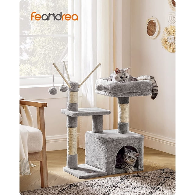 Feandrea Árbol para Gatos, Condominio Pequeño para Gatos, 72 cm, 3 Pompones, Gris Claro