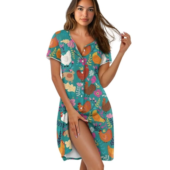 Yuyamidu Funny Chicken Nightgowns for Women Soft Crew Neck Night Shirts Short Sleeve Lounge Sleep Night Gown Housecoat