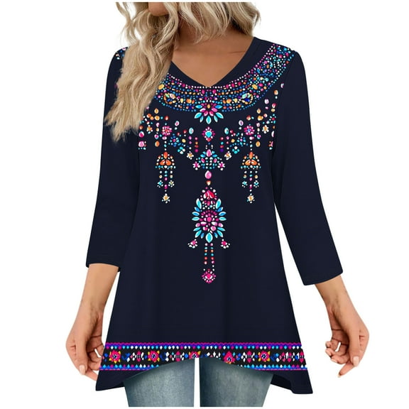 Jsaierl Tops for Women 3/4 Sleeve Casual V Neck Shirts Cute Print Petite Blouses Flowy Holiday T-shirts Top S-2XL