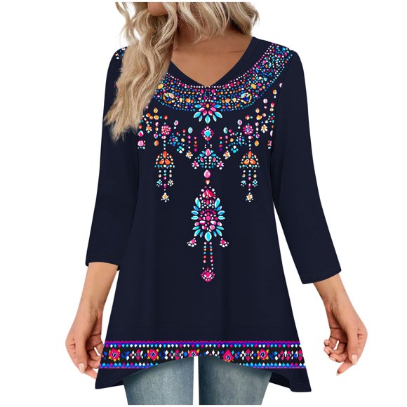 Women's V Neck Blouse, 3/4 Sleeve Printed Loose Fit Top, Casual Imitation Silk T-Shirt