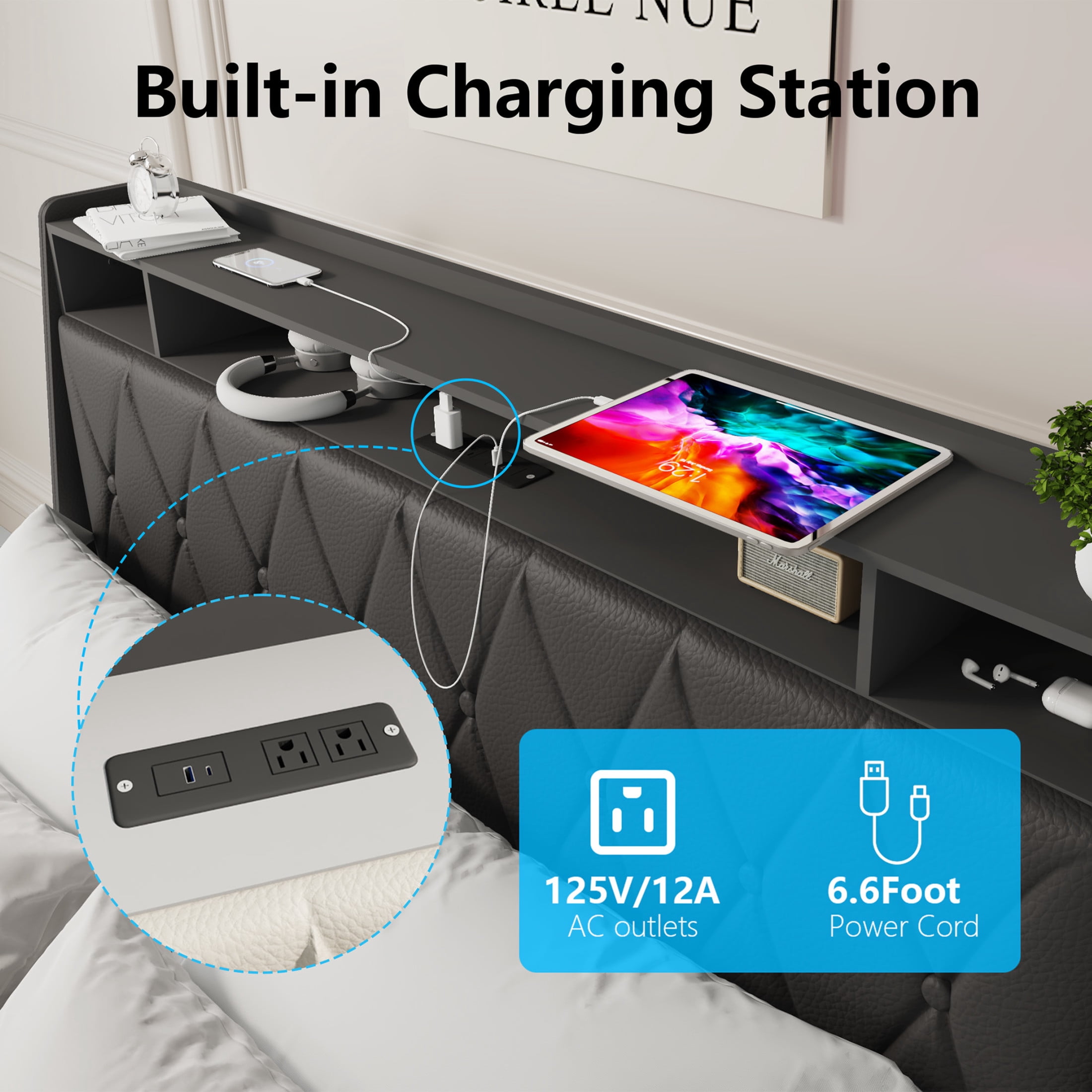Noble House Lexair Full Size Bed Frame with Ergonomic Headboard, Built-in Outlets & Charger, Storage Shelf, Black