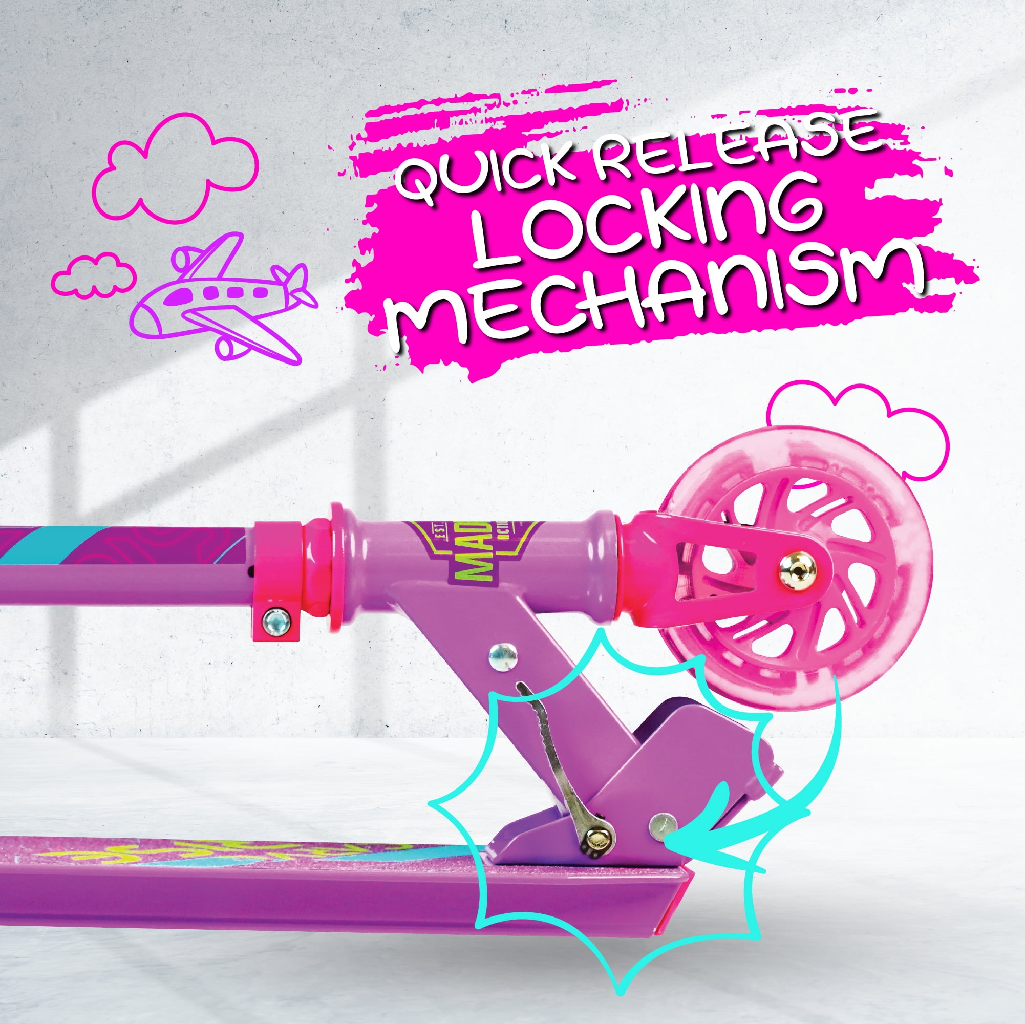 Madd Gear Carve Rise Kick Scooter-Light-up 100 mm Wheels- for Kids 3+ Unisex- Pink/Purple