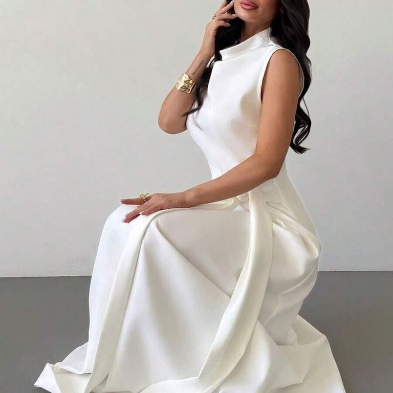 high neck tie waist dress White Minimalist Elegant Sleeveless Pleated Collar Flare Hem Maxi Ecom Style:AP1E209882