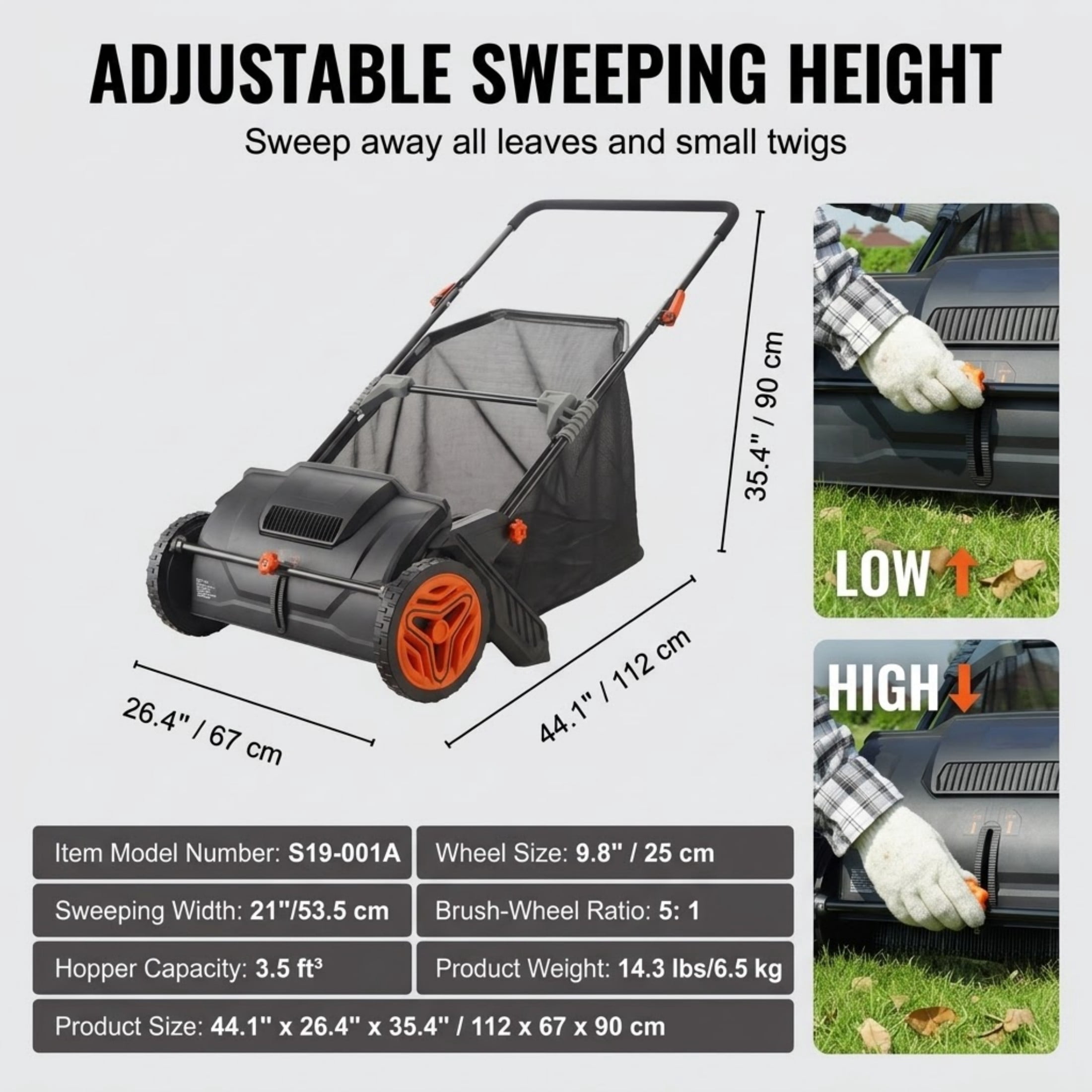 JUVOCT 21-Inch Push Lawn Sweeper, 3.5 Cu. Ft. Leaf and Grass Collector with 2 Spinning Brushes and Durable Steel Frame