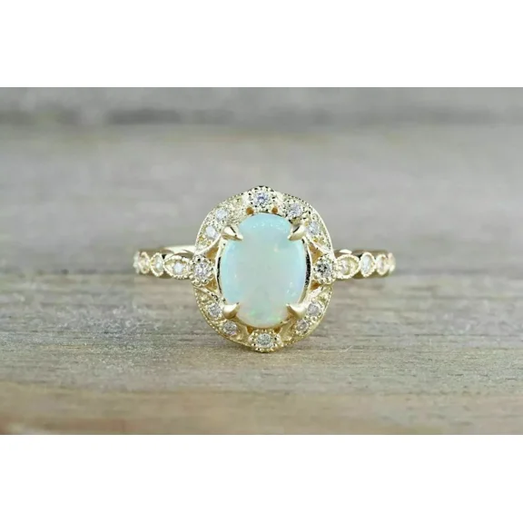 2Ct Oval Halo Lab Created Fire Opal Women's Engagement Ring 14K Yellow Gold Over
