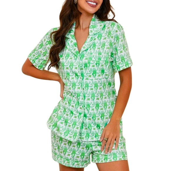 Conjunto de pijama Ammiko Y2K Monkey Beach de manga corta verde para mujer