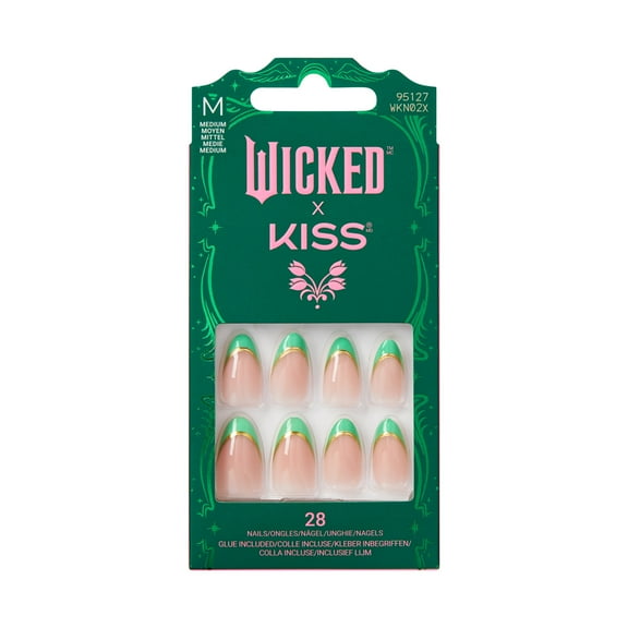 WICKED x KISS Press on Nails, Thrillifying!, Green, Medium Almond, 28 Count