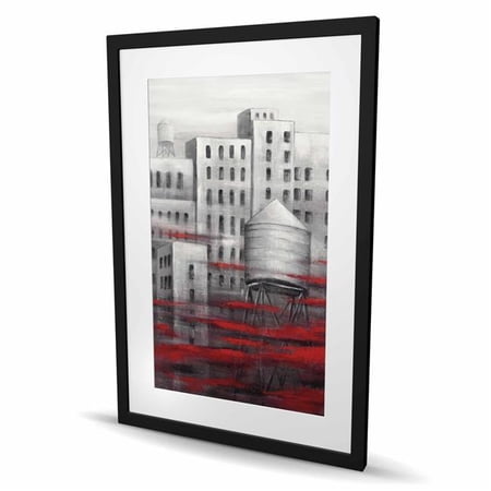 Begin Home Decor C1FM2436VWNN3J 24 x 36 in. Gray City with Red Clouds - Red Building Matted Print Decor