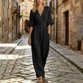 thumbnail image 5 of Npasoilc Zipper Tighten Waist V-Neck Five Button Sleeve Wide Leg Long Jumpsuits for Women Solid Color, 5 of 7