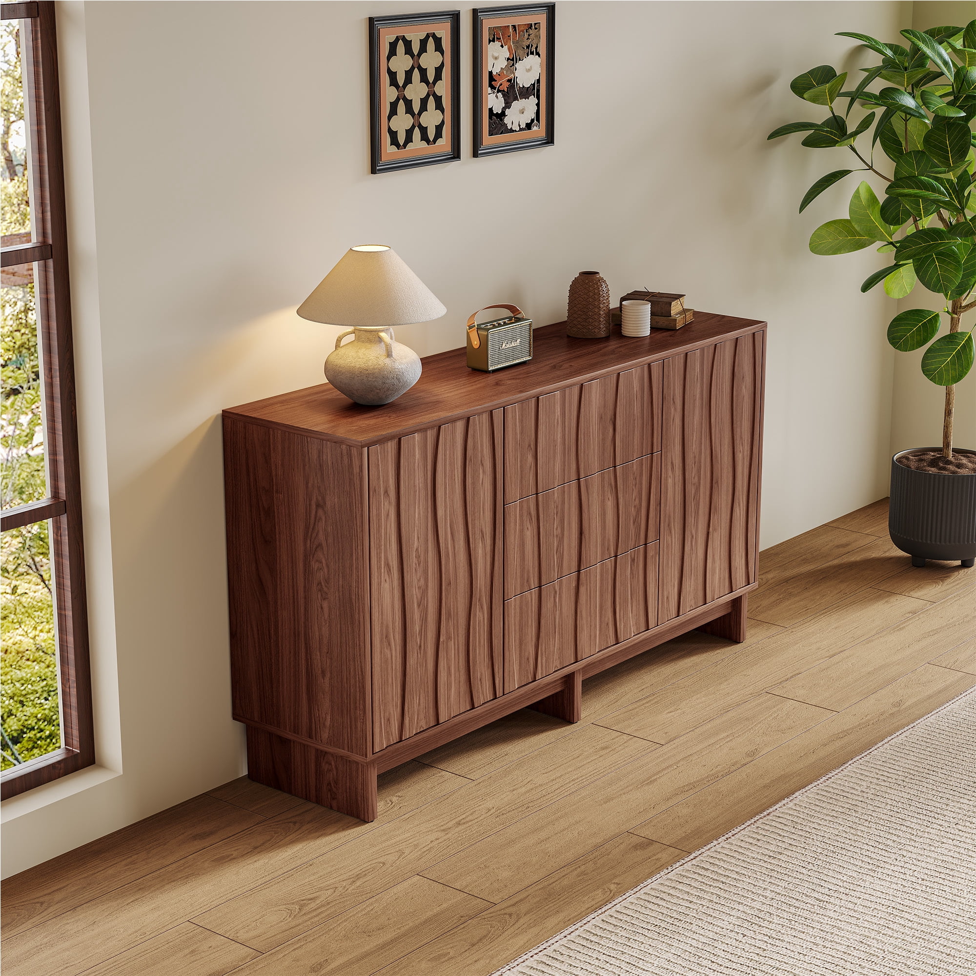 Leumius 47.2" Buffet Sideboard with 2 Doors and 3 Drawers, Walnut Finish with Stripe Grain Texture, Farmhouse Storage Cabinet for Dining Room Living Room Hallway