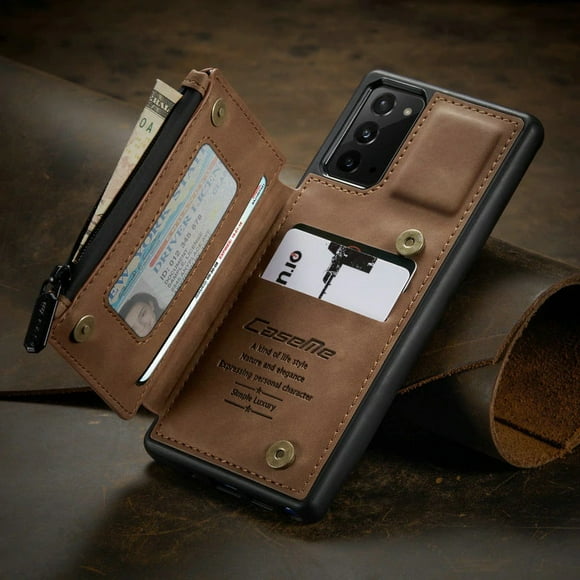 CaseMe Back case Card Slot Retro Matte Synthetic Leather Wallet Zipper Stand Cover for Samsung Galaxy S21 Ultra (Coffe)