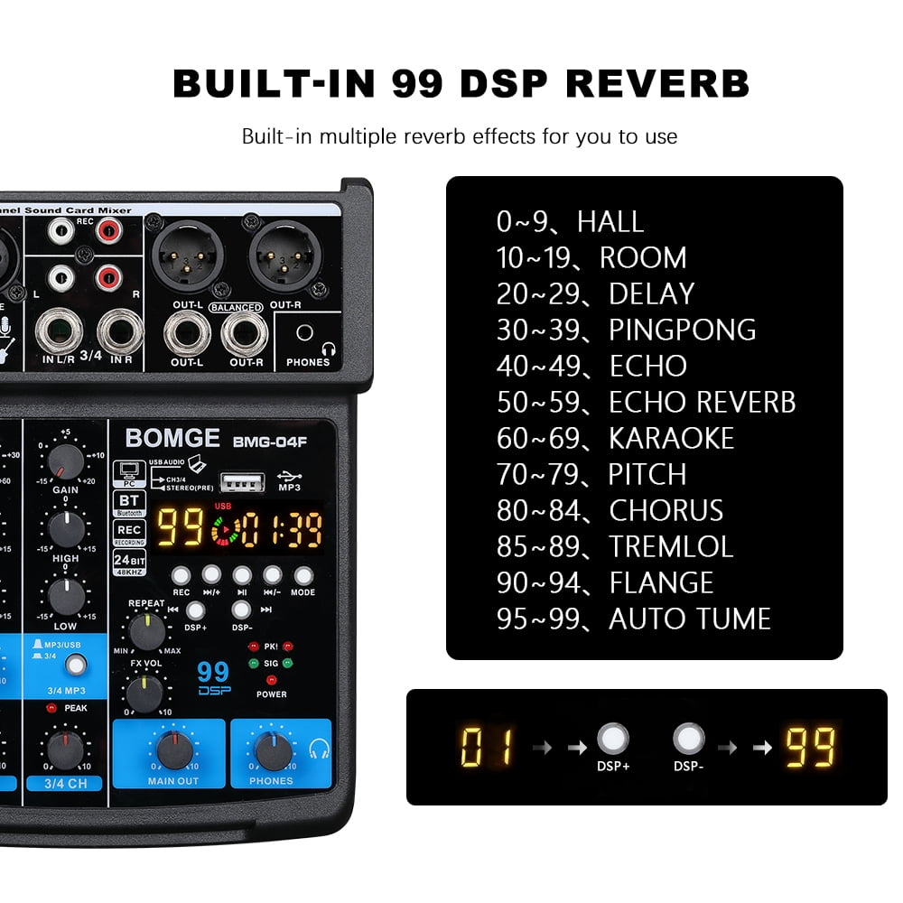 BOMGE 4 Channel mini DJ Audio Sound Mixer Interface with MP3 USB, Bluetooth, Stereo Recording, 48V Phantom Power, 24 DSP for karaoke, performance, church singing  podcas streaming-black