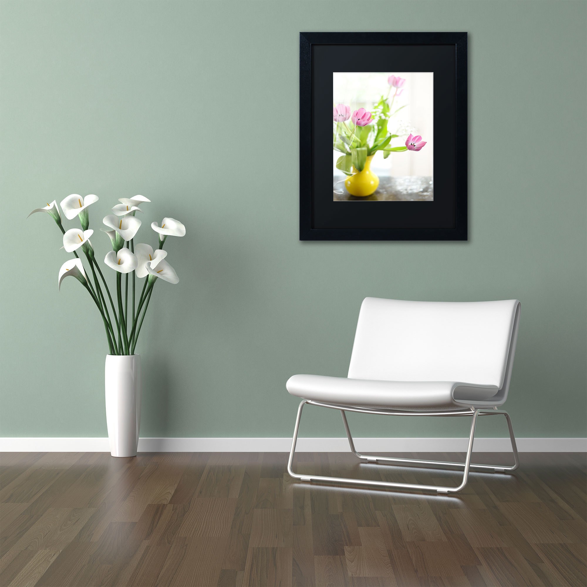 Trademark Fine Art "Pink Tulips in Yellow Vase" Canvas Art by Lois Bryan, Black Mat, Black Frame