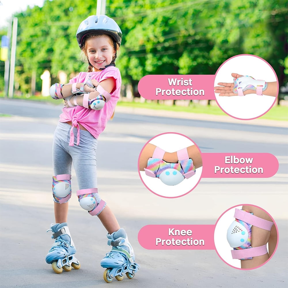 Rainbow Unicorn Knee Pads for Kids Knee Elbow Pads Wrist Guards with Drawstring Bag Adjustable Protective Gear Set for Girls Boys Roller Skating Bike Cycling Skateboard Scooter Shiny Medium