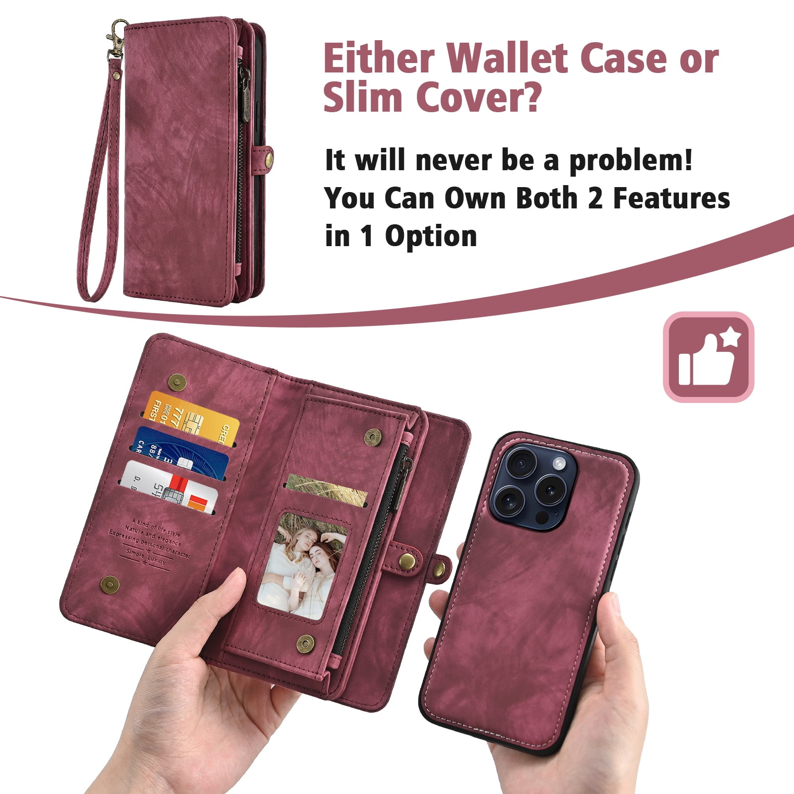 Asuwish Compatible with iPhone 16 Pro 6.3 inch Phone Case Zipper Wallet Detachable Tempered Glass Screen Protector Crossbody Strap Flip Card Holder Cell Cover for i Phone16 i16 16Pro Women Girls Red