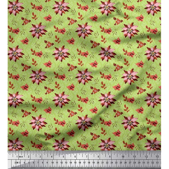 Soimoi Poly Georgette Fabric Damask Design,Leaves & Aster Floral Print Fabric by the Yard 52 Inch Wide