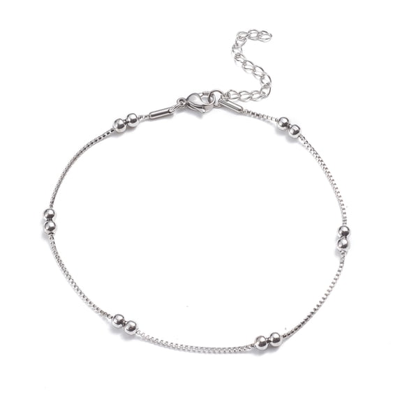 10 pc Tarnish Resistant 304 Stainless Steel box Chain Anklets with Round Beads and Lobster Claw Clasps Stainless Steel color 9-7/8 inch(25cm) 1.5mm