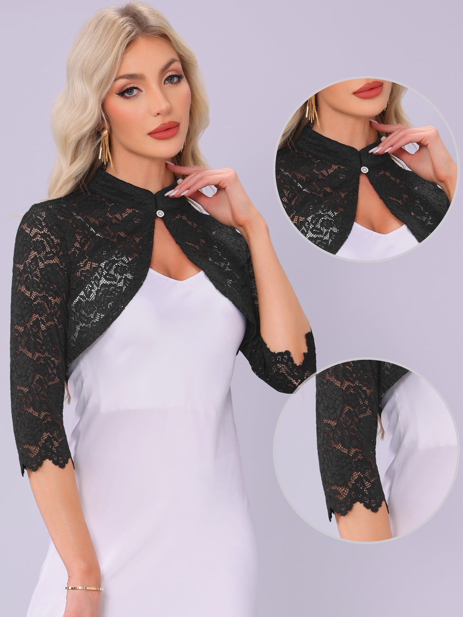 DARING DIVA Women's Stand Collar Sheer Floral Lace Bolero Shrug S Black