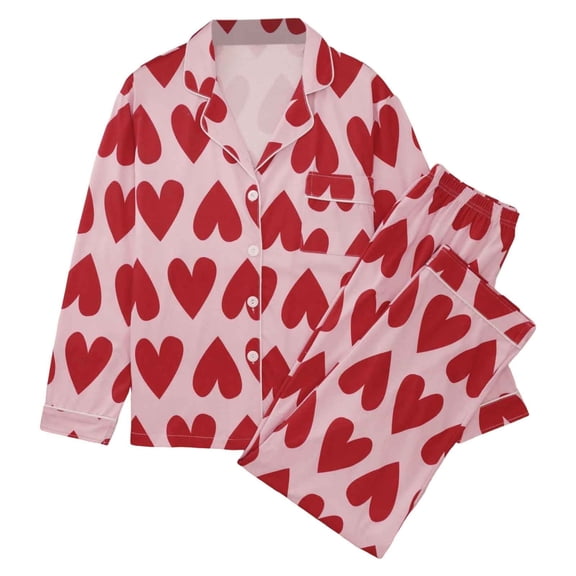 Shadoumai Valentine's Day Pajamas Sets Women Cute Pink Heart Print Pjs Sets Shirt Top Pants 2 Piece Sets Sleepwear