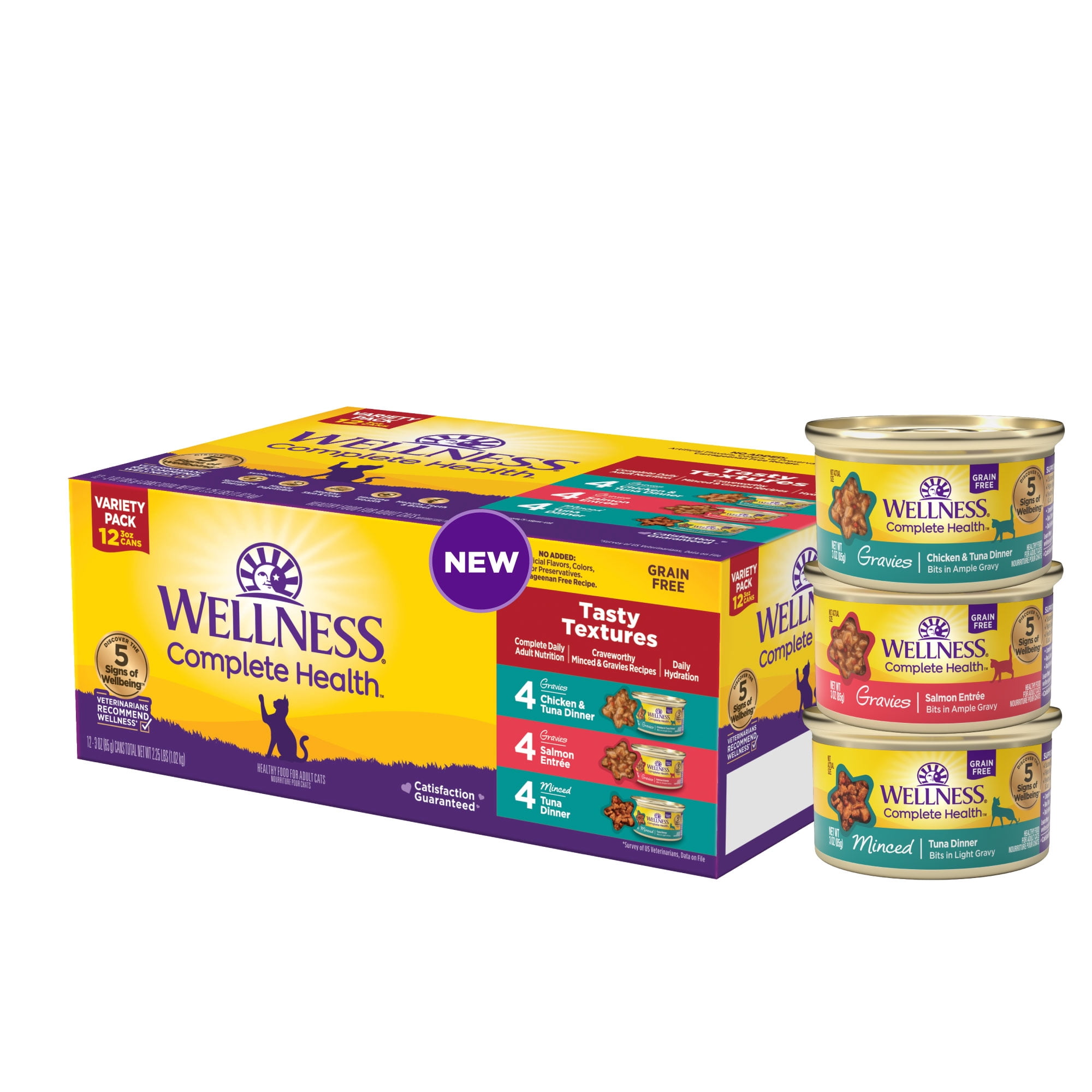 Wellness Complete Health Gravy & Minced Adult Wet Cat Food, Natural, Protein-Rich, Grain Free, 3 Ounce , 12 Pack, (Salmon, Tuna, and Chicken Variety Pack)