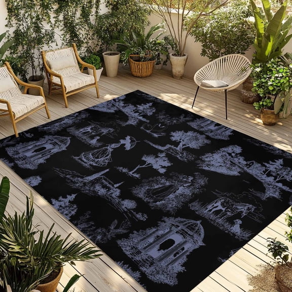 Farmhouse Country Outdoor Rug for Patio/Deck/Porch, Non-Slip Large Area Rug 5 x 8 Ft, Vintage Black French Garden Horse Swan Indoor Outdoor Rugs Washable Area Rugs, Camping Rug Carpet Runner