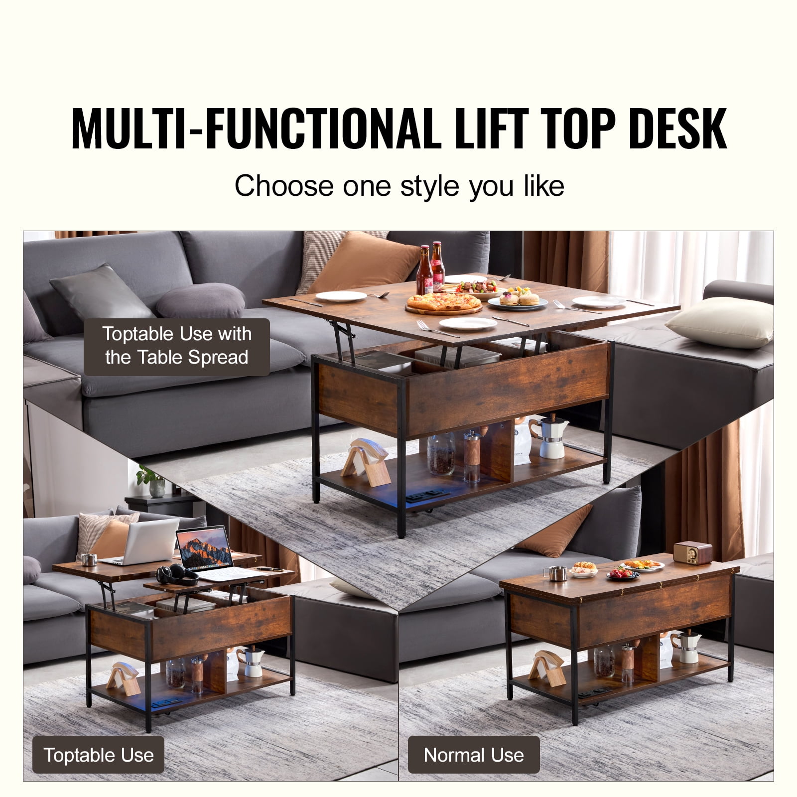 KFFKFF Coffee Table with Lift Top, 39.4 in Rectangular Design, Includes Additional Storage Compartments, Features Flip Top, Power Outlets, USB Ports & Soft Glow Lights, Ideal for Living Spaces
