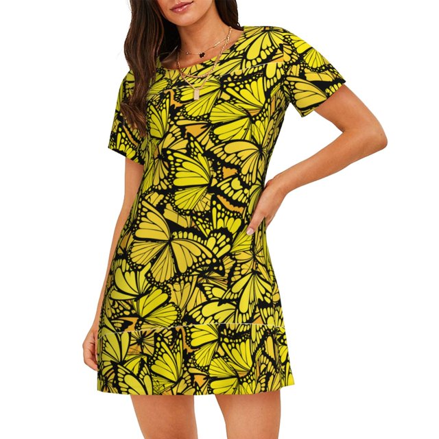 Disketp Yellow Butterflies para Camisón Corto de Manga Corta para Mujeres, Camisón Cómodo con Escote Redondo, Bonito y Confortable