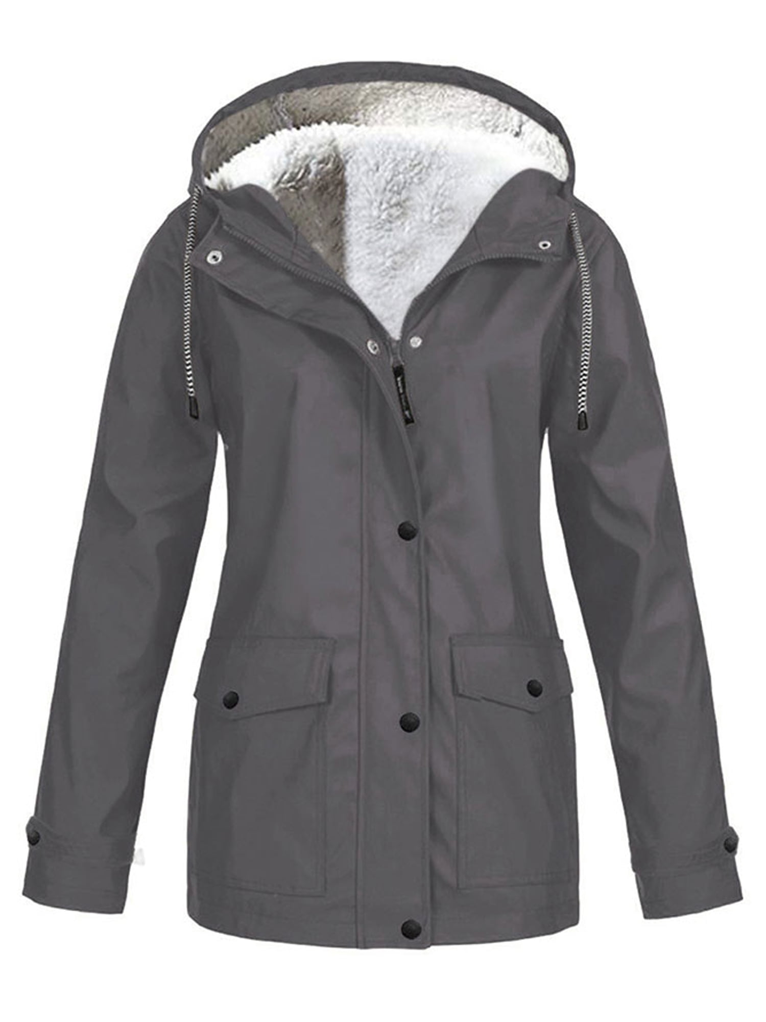 TIMEMEAN Fleece Thick Rain Coat for Women Rain Mac Women Ladies Waterproof Jacket Lightweight Comfortable Grey Size 14