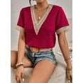 thumbnail image 2 of Women's V Neck Short Sleeve Lace Trim Top Summer Casual Chiffon Shirts, 2 of 5