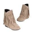 thumbnail image 4 of VKEKIEO Cowboy Boots for Women Tassel Peak Toe Ring Mid Heel Booties Fringe Slip-On Beige, 4 of 9