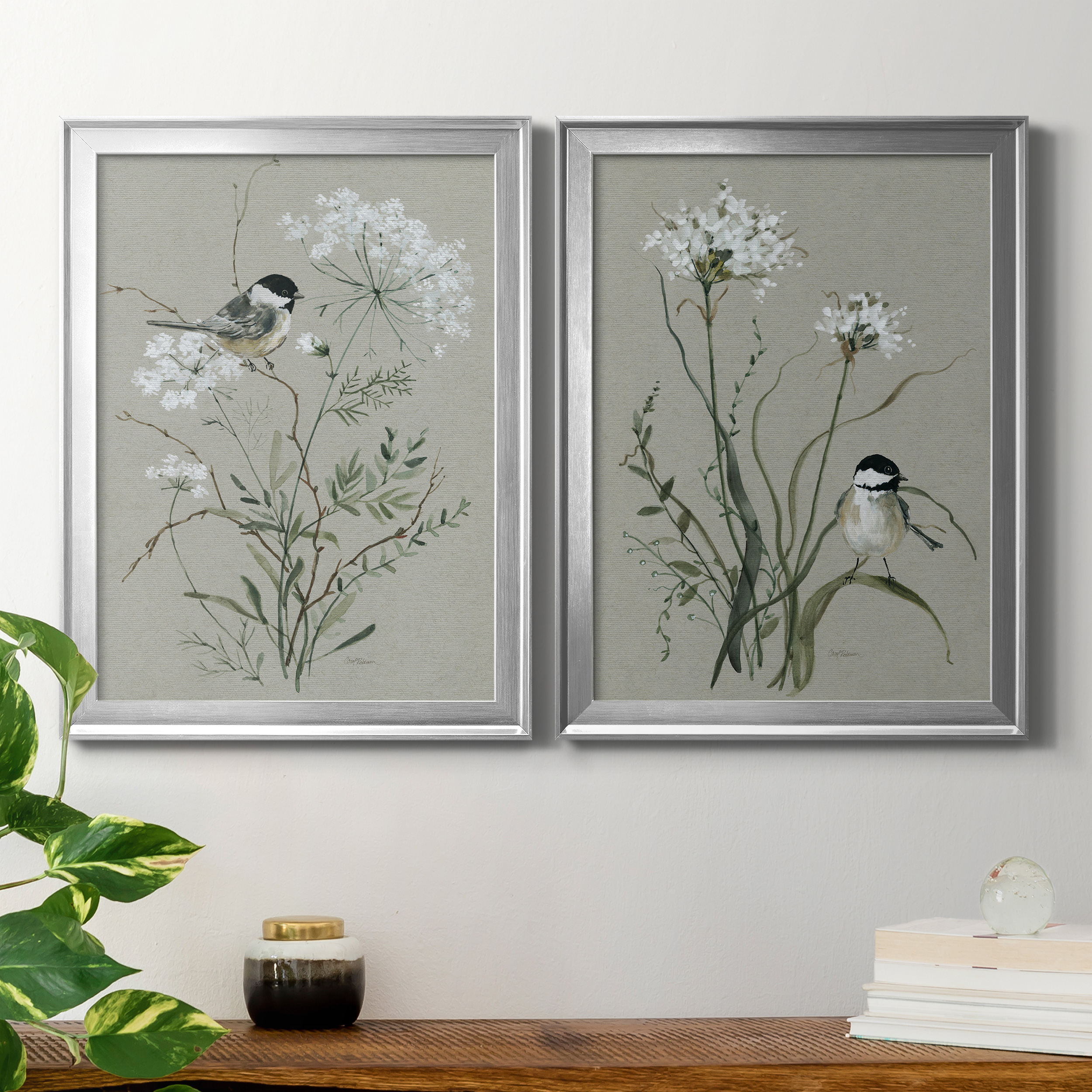 2 Piece Set Bouquet of Grace Bird I Premium Framed Canvas - Ready to Hang - 22.5 x 30.5 Each - Silver Frame