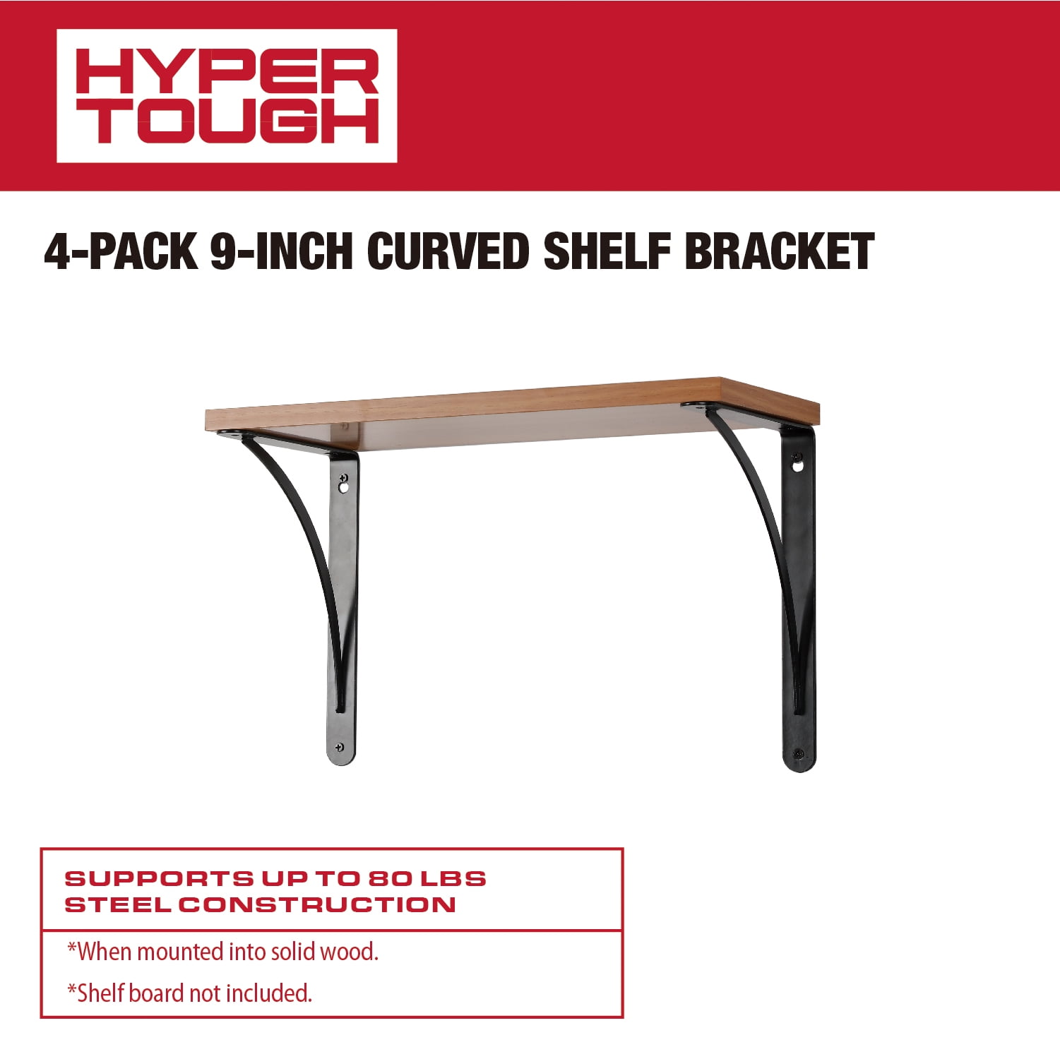 Hyper Tough 9" X 6.5" Curved Shelf Bracket, Black, 4-Pack