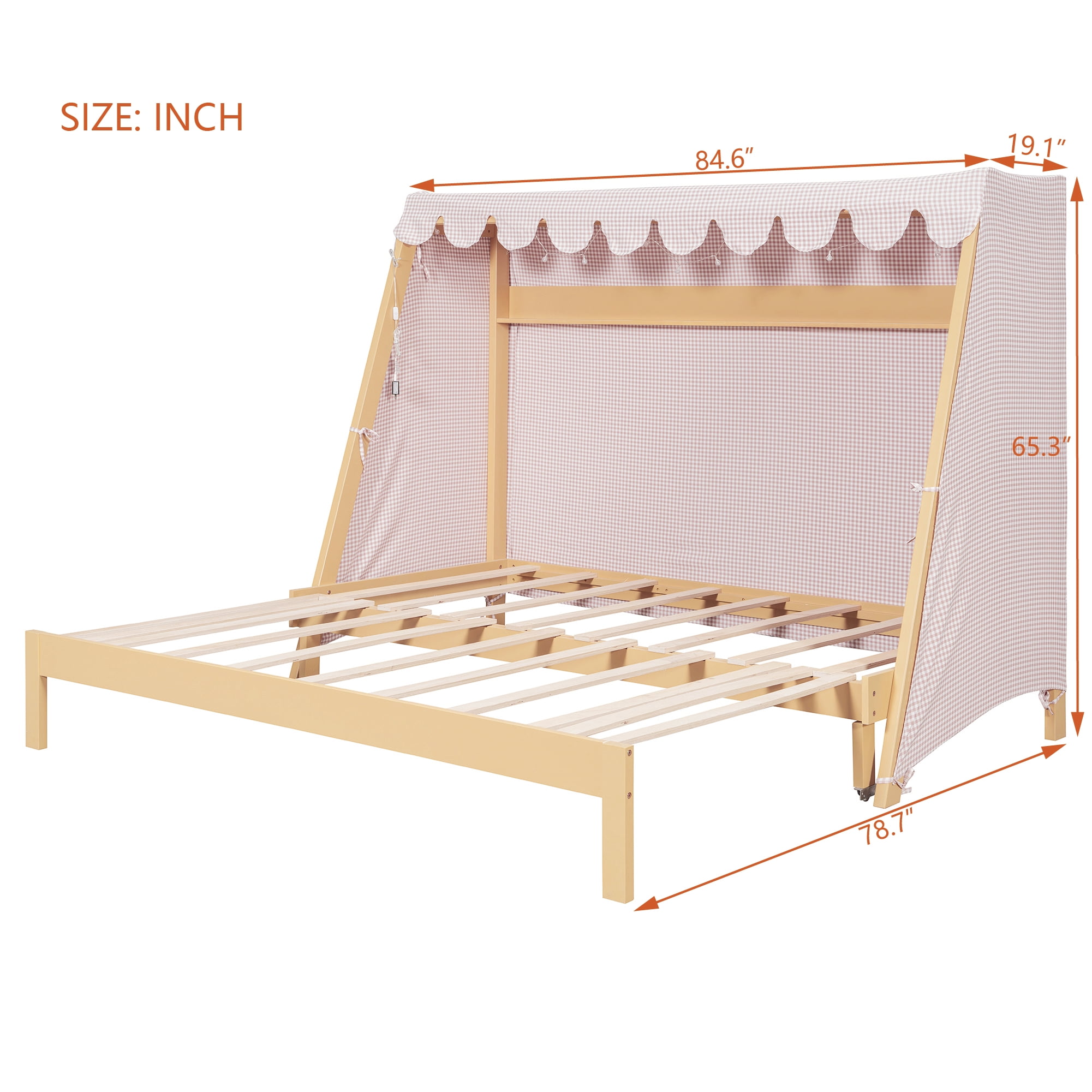 Mintazer Twin XL Platform Bed with LED Light, Trundle, Storage Shelf & Tent for Kids, Light Brown