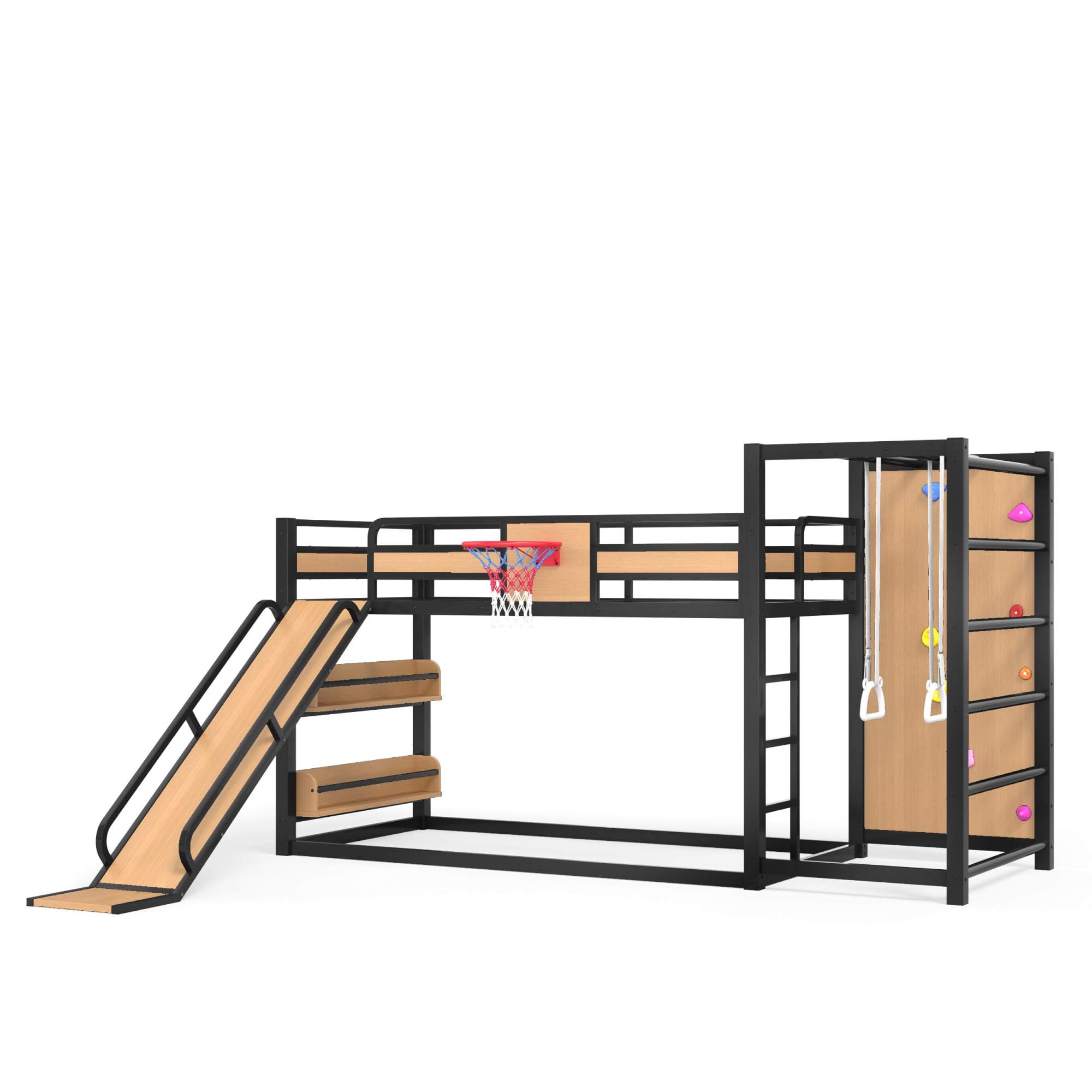 Twin XL Size Loft/Bunk Bed with Basketball Hoop, Pull-up Rings and Climbing Wall, Metal Loft Bed Frame with Slide and Bookshelves, Heavy Duty Bunk Beds with Guardrail