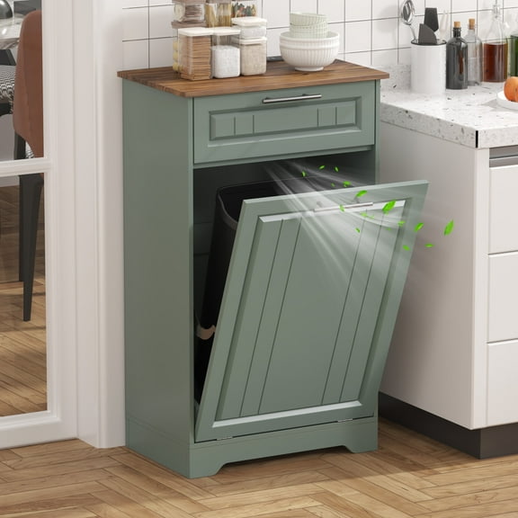 Single 10 Gallon Tilt Out Trash Can Cabinet with Deodorizing Function, Wooden Hidden Garbage Can Holder with Storage Drawers for Kitchen and Dining Room, Laundry Hamper Cabinet for Bathroom, Green