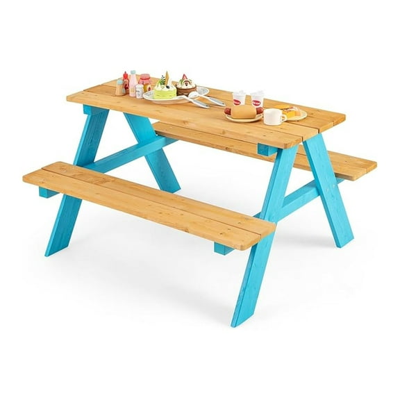 Kids Picnic Table, Fir Wood Toddler Table and Benches, Kids Outdoor Furniture, Blue, 31" x 35" x 20"