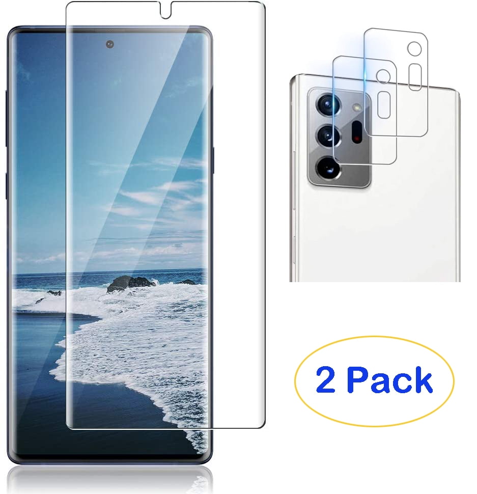 With 2 Pack of Camera Lens Protector 9H Hardness Galaxy Note 20 Ultra Screen Protector 2+2 Pack For Samsung Galaxy Note 20 Ultra 3D Curved Glass Film Supports Fingerprint Unlocking No Bubbles 