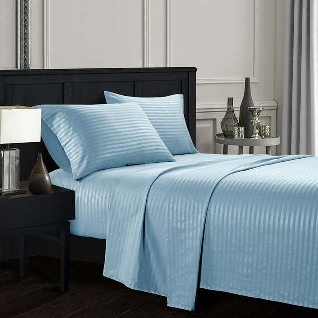 YYAO Queen Size Luxurious Striped Sheet Set for Home Hotel, 4 Piece, Light Blue