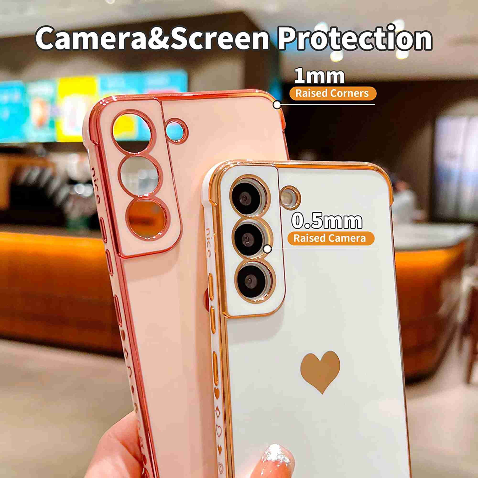 Dteck for Samsung Galaxy S22 5G Case, Shockproof Cute Luxury Love Heart Plating Phone Case Full Camera Protection Raised Reinforced Corners Cover, Purple