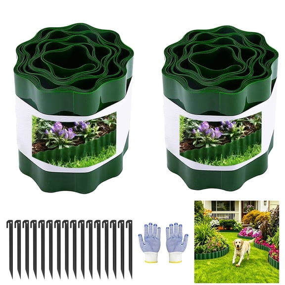 TUOSHUNGE Plastic Landscape Edging, lawn edging,5.9" x 29.5 ft, 2 Sets with 16 Stakes, Green garden border