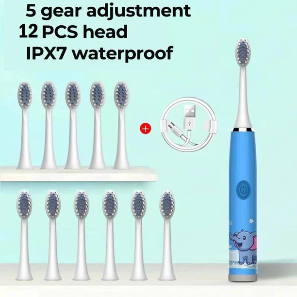 Cepillo de dientes eléctrico para niños, dibujos animados, con cabezal de repuesto, ultrasónico, IPX7, resistente al agua, recargable, sónico