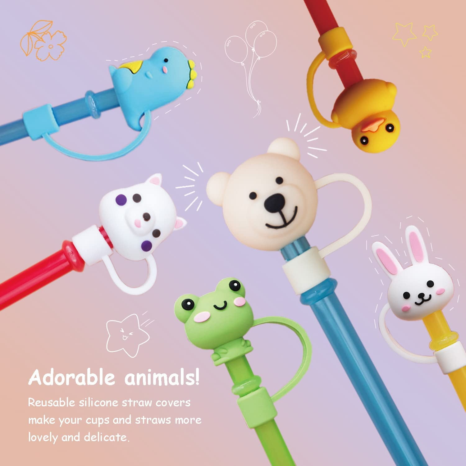 12-Pack Silicone Straws, Dustproof Reusable Water Bottle Protective Covers,  Silicone Straw Covers, Cute Cartoon Dustproof Reusable Straw Tip Protectors
