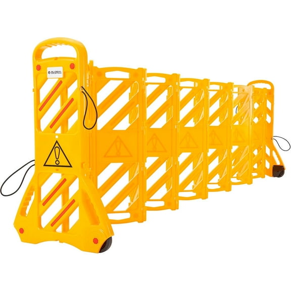 Global Industrial 12'L Extendable Mobile Barrier with Reflective Stripes, Yellow